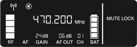 Menüpunkt MUTE LOCK blinkt, Audiopegel des Senders (AF) und Symbol Mute Lock blinkt