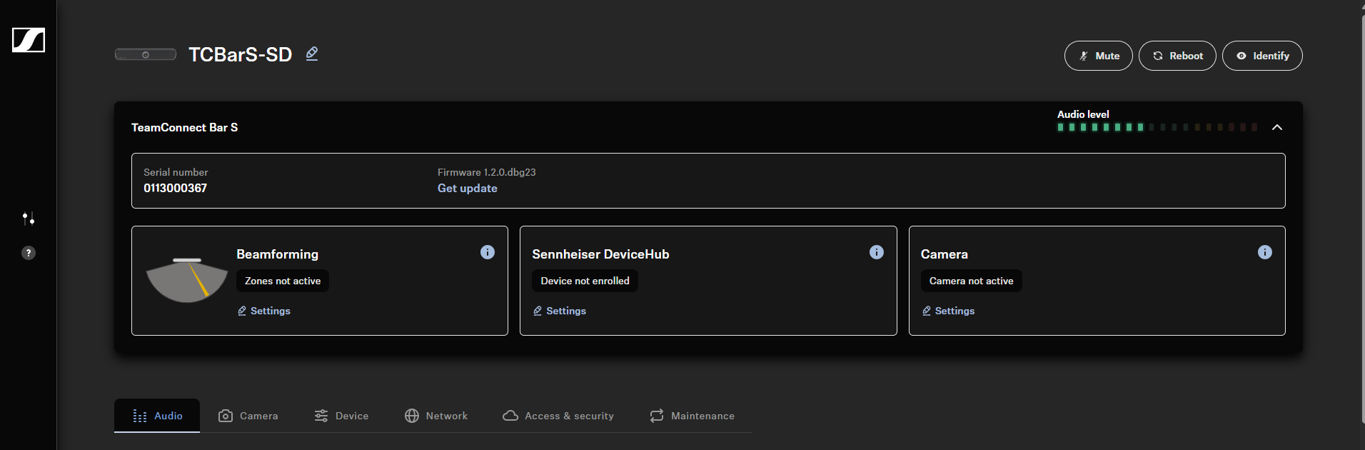LUI showing TeamConnect Bar settings and status information.