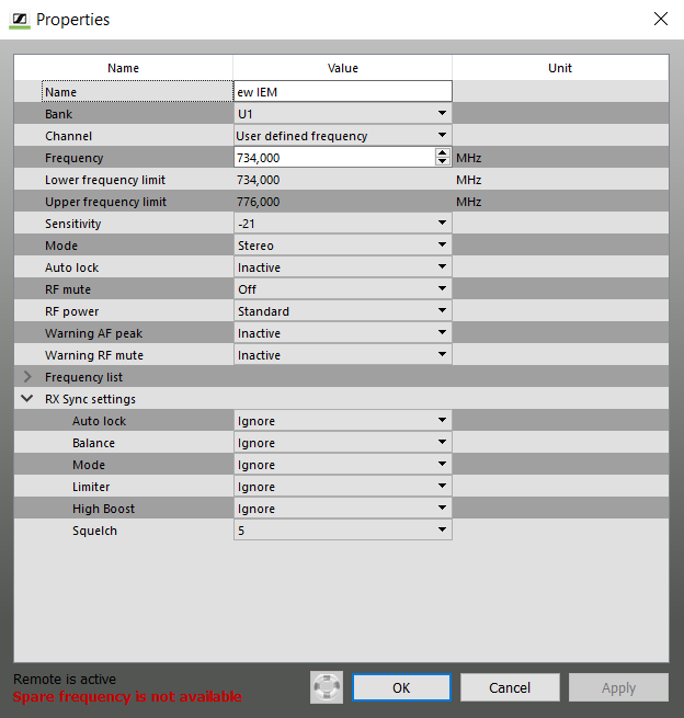 Setting parameters in the “Properties” window